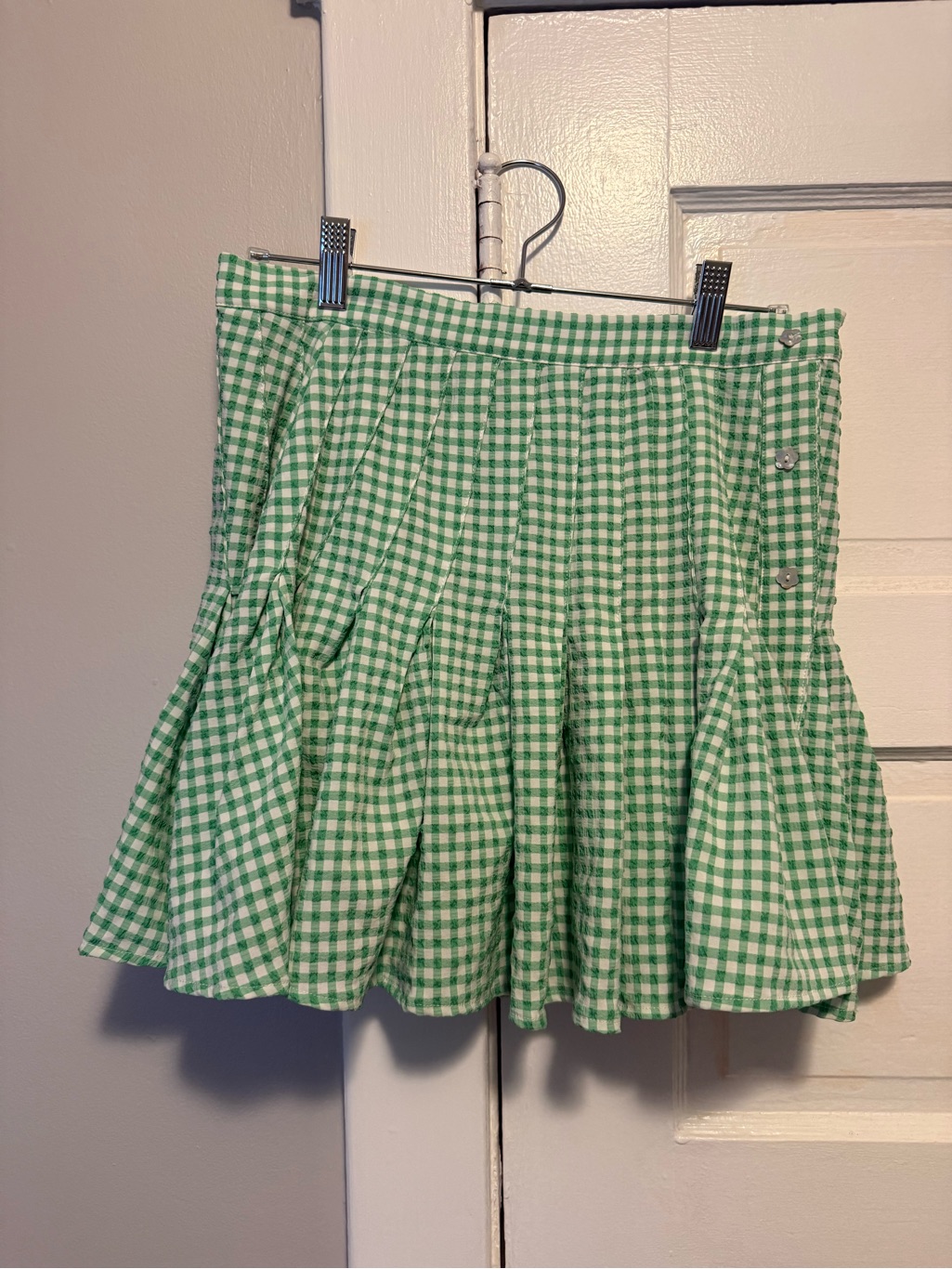 Christina Green Gingham Pleated Mini Skirt With Side Buttons